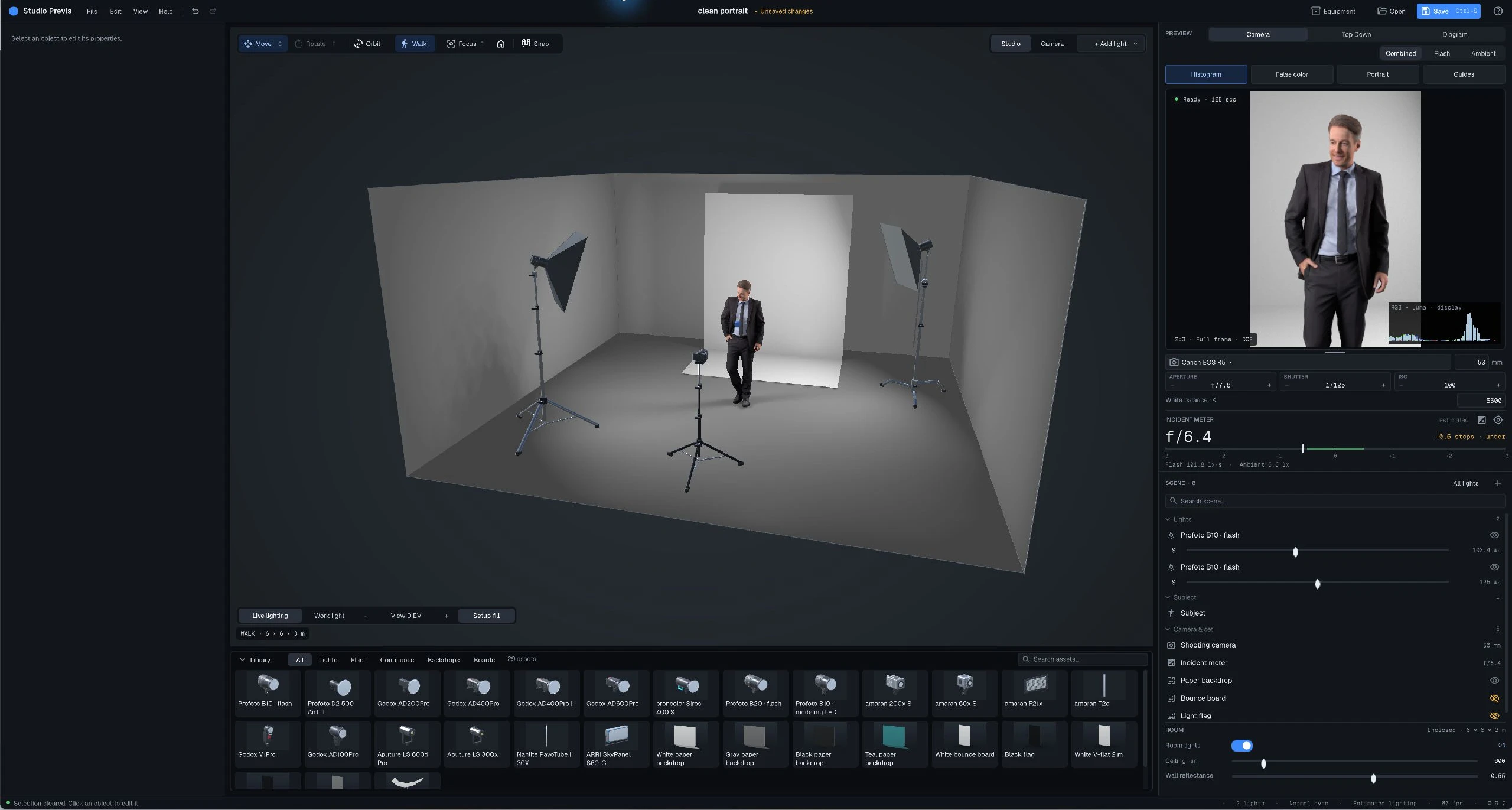 LightKit Pro with a two-light high-key portrait: studio view, equipment library, camera preview, meter and scene list