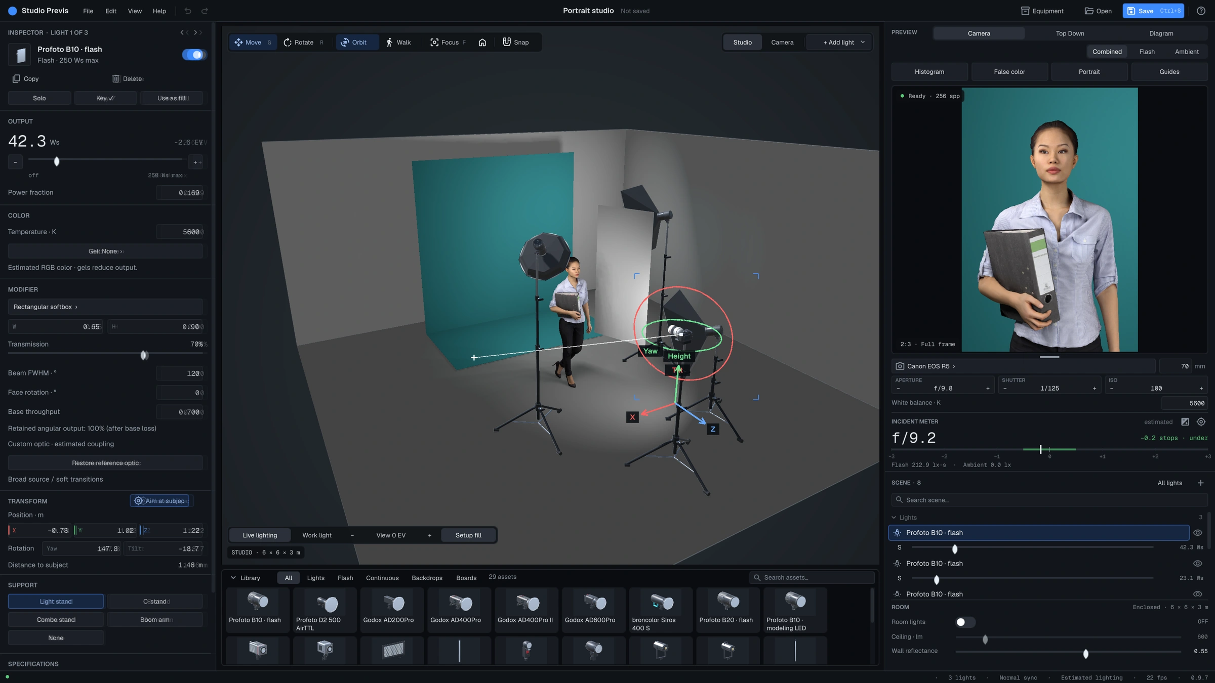 A light selected in the studio: inspector open on the left, move, height, yaw and tilt handles on the light
